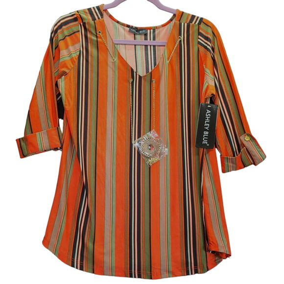 Ashley Blue Womens Blouse Multi-Color Size Medium Rayon Blend Attached Necklace - Picture 1 of 16